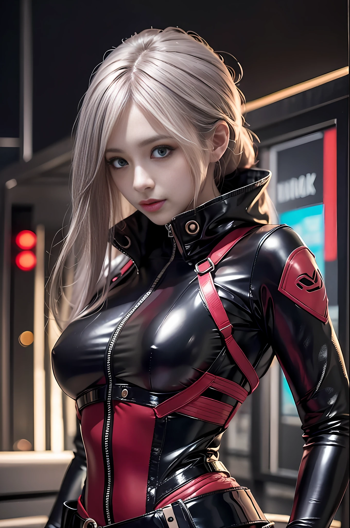 Realistic, Painting, Lucy (cyberpunk), portrait, One girl, Beautiful face, Asymmetrical hair, Belt, Bodysuit, Covered mouth, Covered navel, Detached sleeves, Gray eyes, Hip vent, Open jacket, Night, Cute, Look Viewer,Pleated skirt.