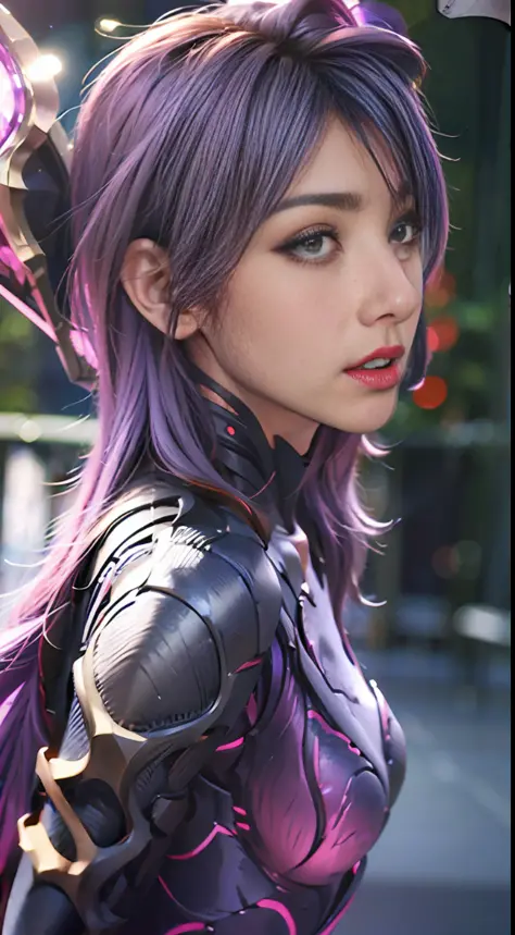 1girl, kai'sa, league of legends, kasa, purple wings, deep purple hair, purple eyes, serious expression, intense glare, looking ...