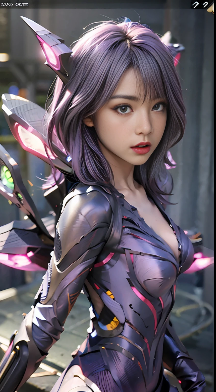 1fille, Kai&#39;sa, League of Legends, échouer, ailes violettes, cheveux violet foncé, yeux violets, Expression sérieuse, éblouissement intense, En regardant le public, Du côté, (pose dynamique), (ailes vides), armes, chef-d&#39;œuvre, fond d&#39;écran CG Unity 8k extrêmement détaillé, Meilleure qualité, 32k, Mise au point claire, CyberCité, néon, OUVERTURE, champ vide