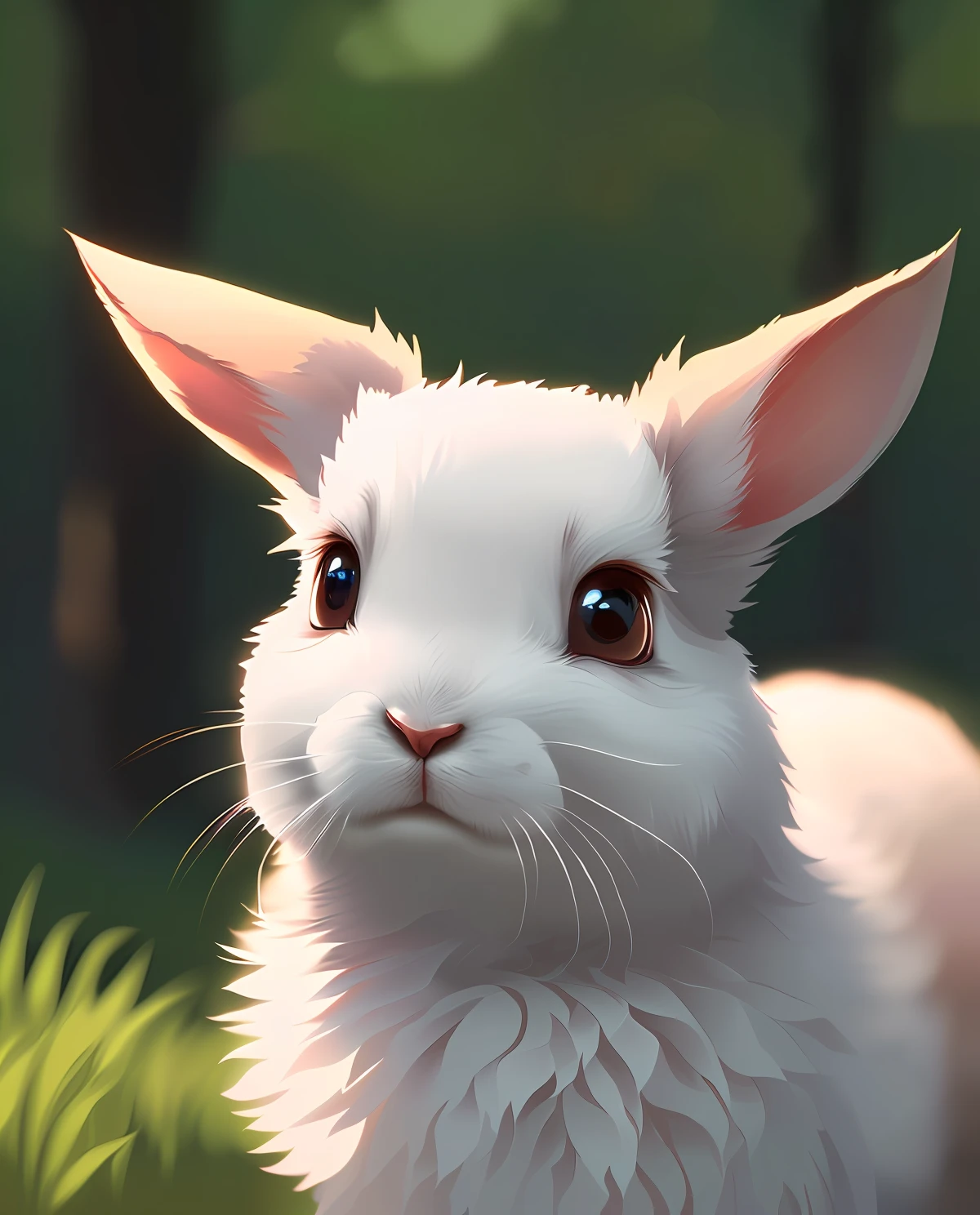 Gorgeous bunny with dreamy eyes, non-human, volumetric light, hyper realistic, green forest, with flowers, intricate details, illustration, painting, watercolor, kawaii chibi, aw!, Shallow depth of field, pastel color palette, Soft lighting, Minimalist, Modern, Digital painting, art by lois van baarle and ross tran and artgerm, Trending on Artstation HQ, highly detailed