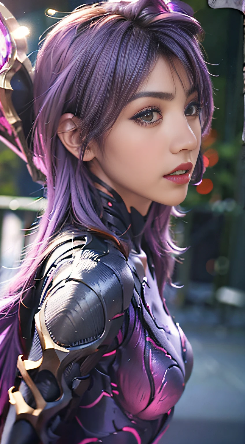 1girl, kai'sa, league of legends, kasa, purple wings, deep purple hair, purple eyes, serious expression, intense glare, looking at the audience, from the side, (dynamic pose), (void wings), weapons, masterpiece, extremely detailed CG Unity 8k wallpaper, best quality, 32k, focus clear, cybercity, neon, aperture, void field