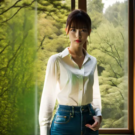 summer image of young woman in japan wearing white thin shirt and light colored denim pants against background of interior with ...