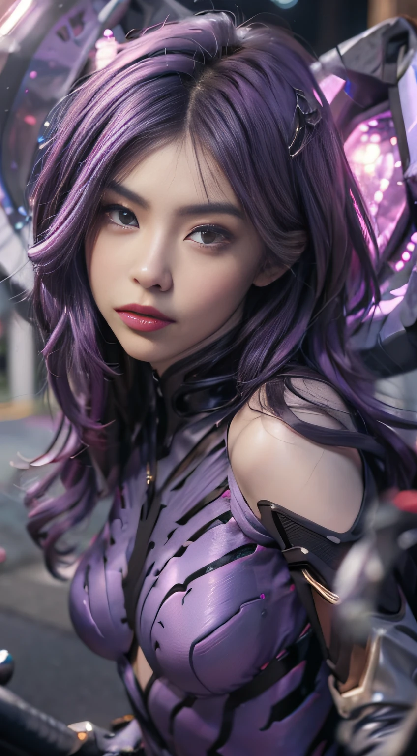 1girl, kai'sa, league of legends, kasa, purple wings, deep purple hair, purple eyes, serious expression, intense glare, looking at the audience, from the side, (dynamic pose), (void wings), weapons, masterpiece, extremely detailed CG Unity 8k wallpaper, best quality, 32k, focus clear, cybercity, neon, aperture, void field