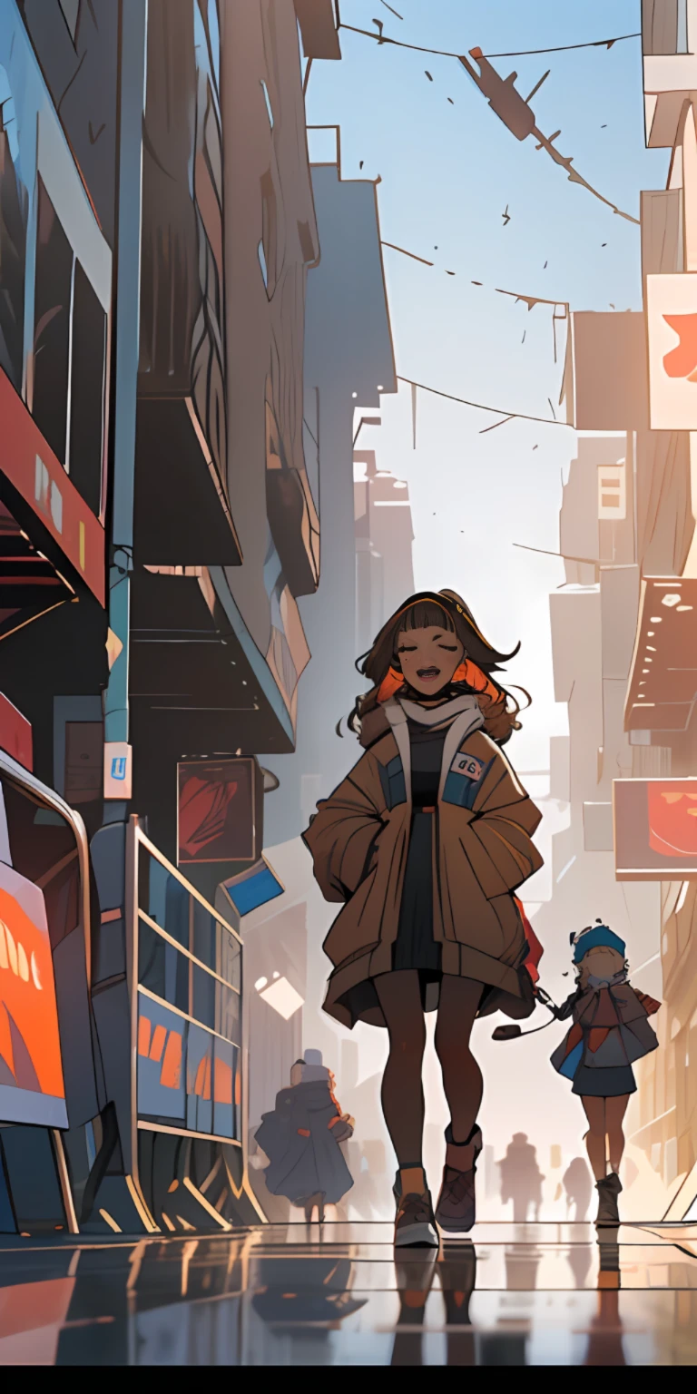 (Light brown tone: 1.3), (Panorama: 1.1), (City: 1.1), (Car: 1.1), (Little girl: 1.1), (Cyberpunk: 1.2) Stroll through the bustling city streets, feel the prosperity and laughter of winter, smell the scent of fireworks, and welcome the arrival of the New Year.