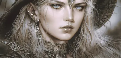 "(((in the style of Luis Royo))), dark mood, close-up, intricate detailing, realistic, expression alegre, young blonde elf, giga...