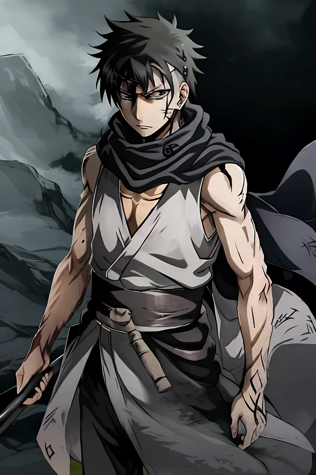 Shuhei Hisagi, Clan Hyuga, male focus, white eyes, 独奏, pale skin, looking at the viewer, bandana, ninja, black haori