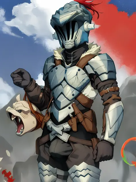 1boy, goblin slayer, helmet,, naked, no clothes, naked torso, inflated torso, in underpants, good quality, shows, bulges,