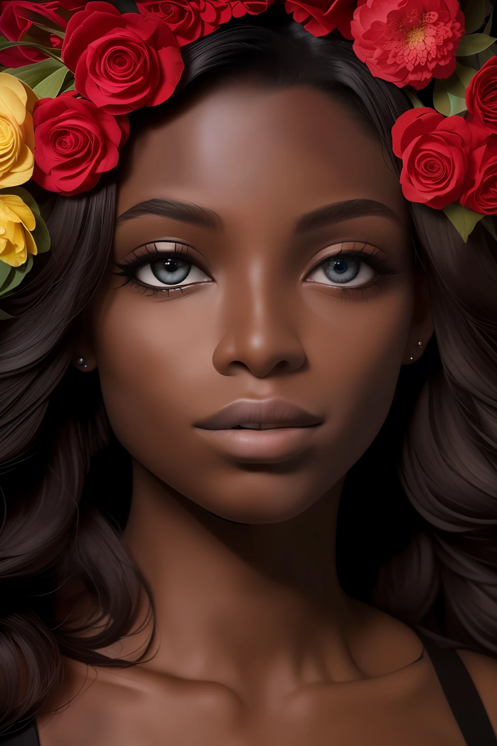 beautiful, cute, gorgeous, perfect 18-year-old black girl, Colombian from Cartagena, with flowers on her head in the style of the black palenqueras of Cartagena, dark skin, style, realistic, award-winning photo, (very detailed symmetrical eyes, fantastic eyes, intricate eyes: detailed background, high quality, perfect, ultra hd 8k cinematic lighting