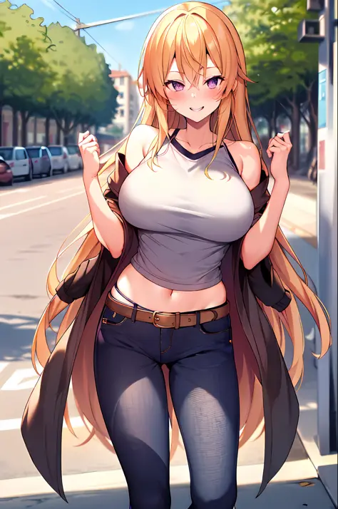 masterpiece, best quality, highres, nakiri erina, blonde hair, purple eyes, long hair, large breasts, oversized cool t shirt, st...