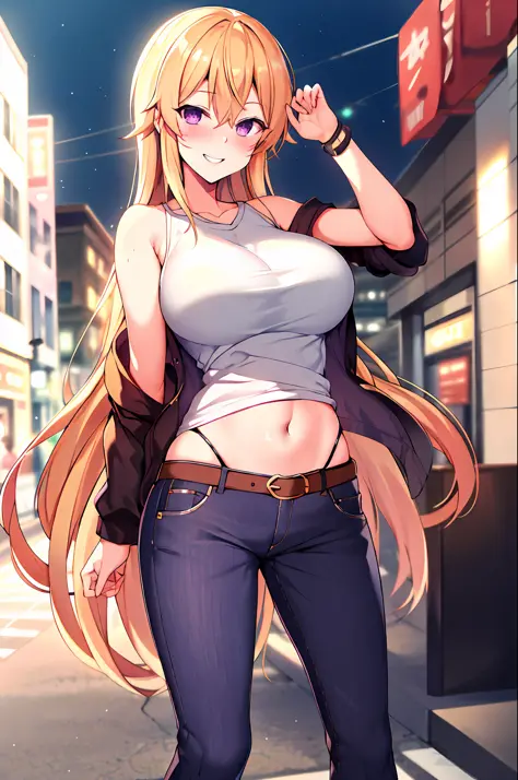 masterpiece, best quality, highres, nakiri erina, blonde hair, purple eyes, long hair, large breasts, oversized cool t shirt, st...