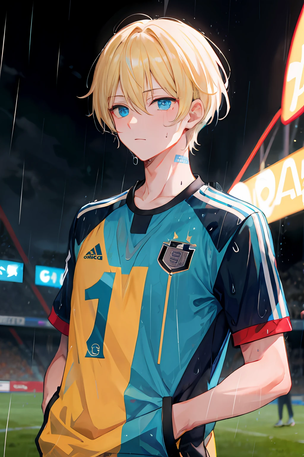 masterpiece, best quality, highres, 1boy, short hair, medium, short blond hair, cyan blue eyes, azure blue lock, German team football jersey, (rain:1.3), hands in pockets, sweating, heavy breathing, rose tattoo on the back of the neck