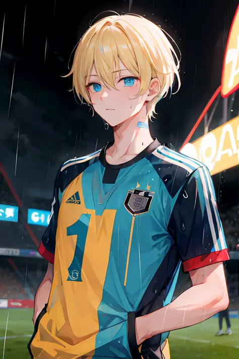 masterpiece, best quality, highres, 1boy, short hair, medium, short blond hair, cyan blue eyes, azure blue lock, german team foo...