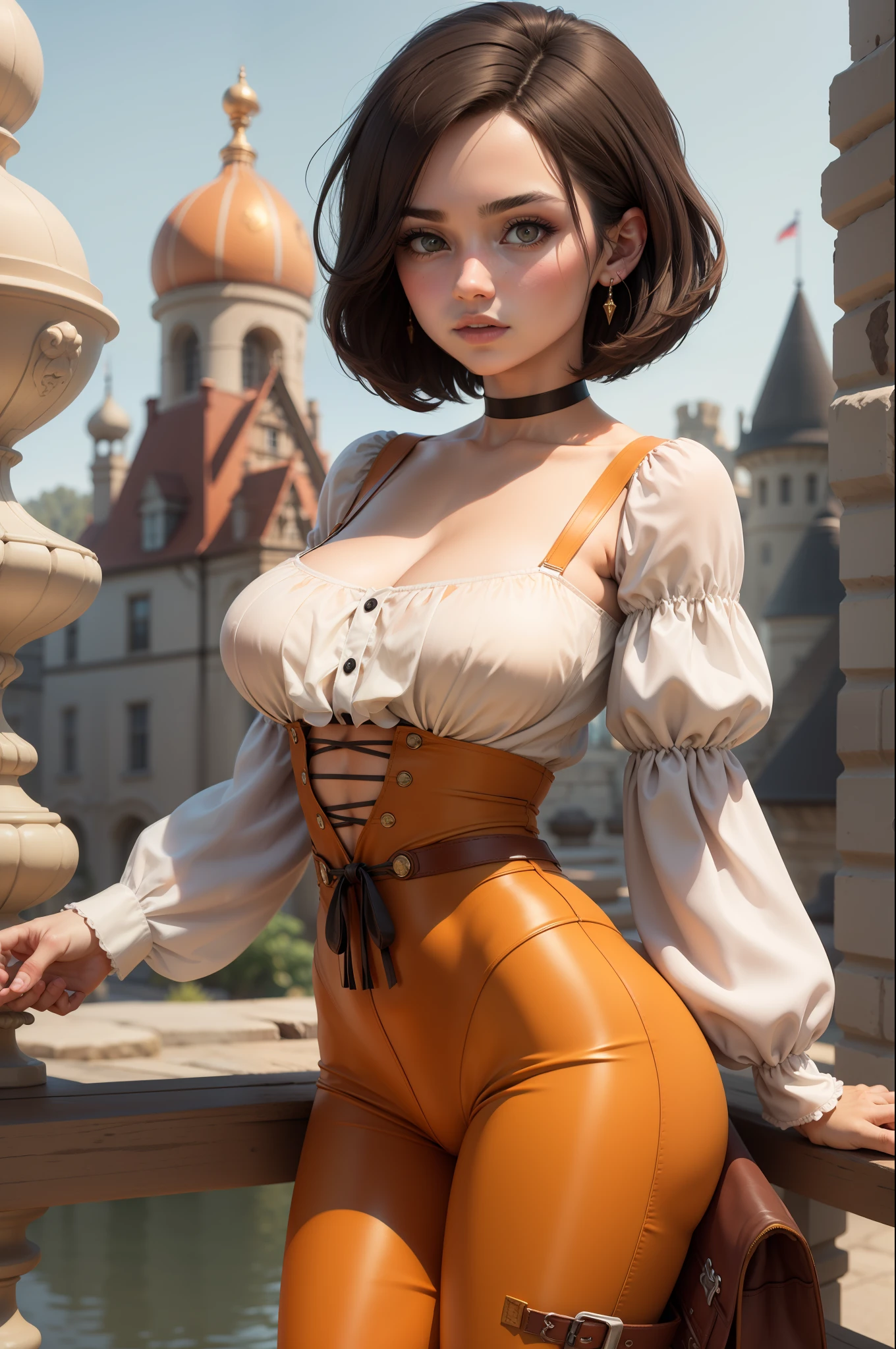 masterpiece, best quality,3d rending work ,3DMM style,close-up, 3D,1girl, solo, black hair, realistic, upper body, fantasy castle background, parted lips, choker, makeup, (medium perky breasts) realistic natural breasts, cleavage, garnet, ffix, skin tight orange pants, orange suspenders, white shirt with frills, short black hair, egyptian bob haircut