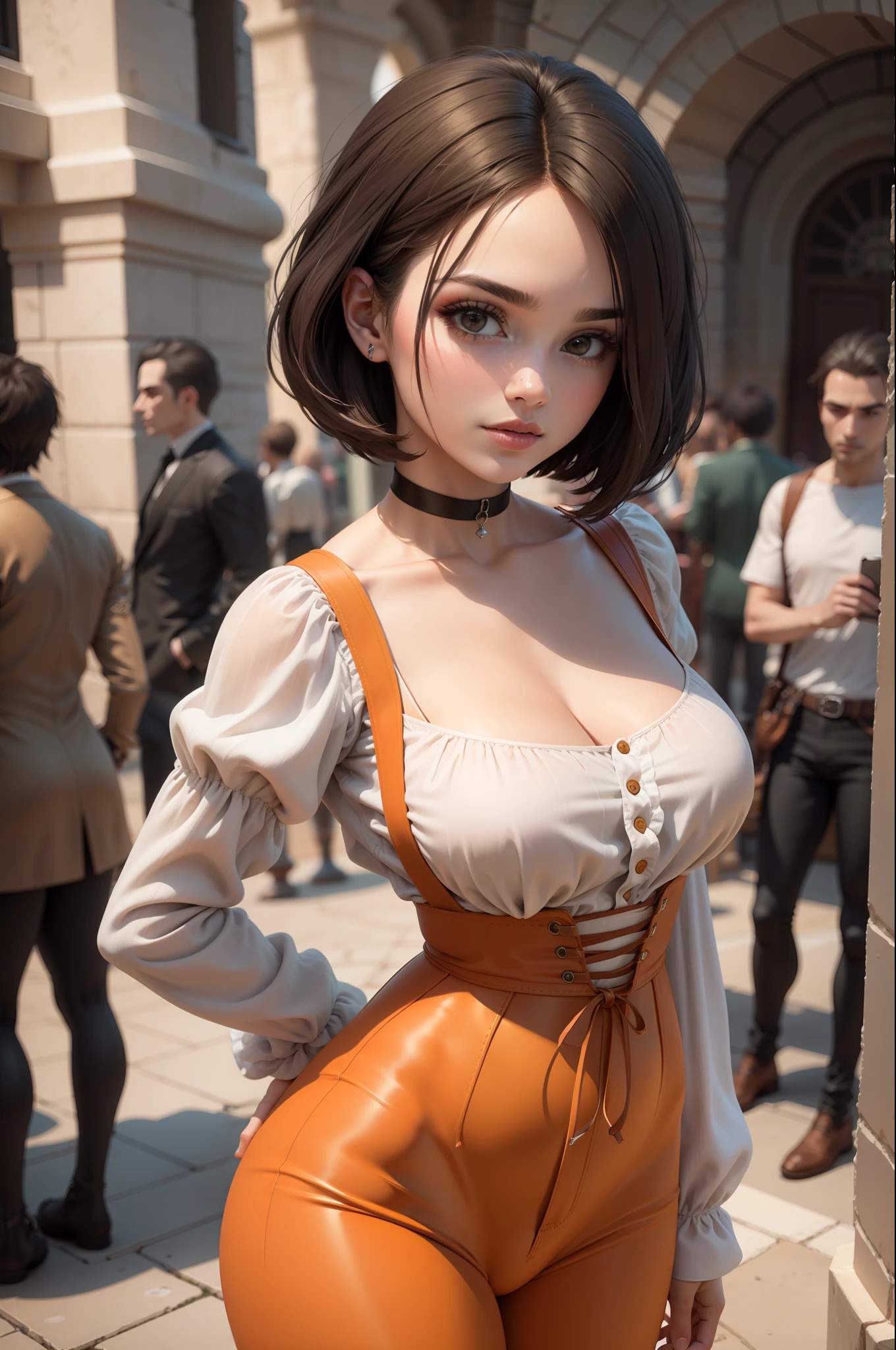 A close up of a woman in a tight orange outfit - SeaArt AI