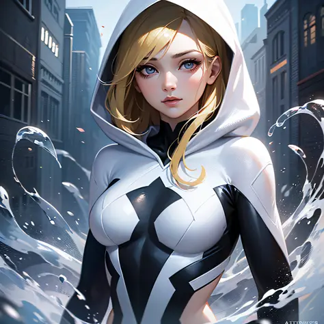 8k portrait of beautiful spider-gwen, blonde hair, water, wearing spider gwen costume, (wearing hood:1.1), long hair, intricate, highly detailed, digital photography, art by artgerm and ruan jia and greg rutkowski surreal, (masterpiece, sidelighting, finel...