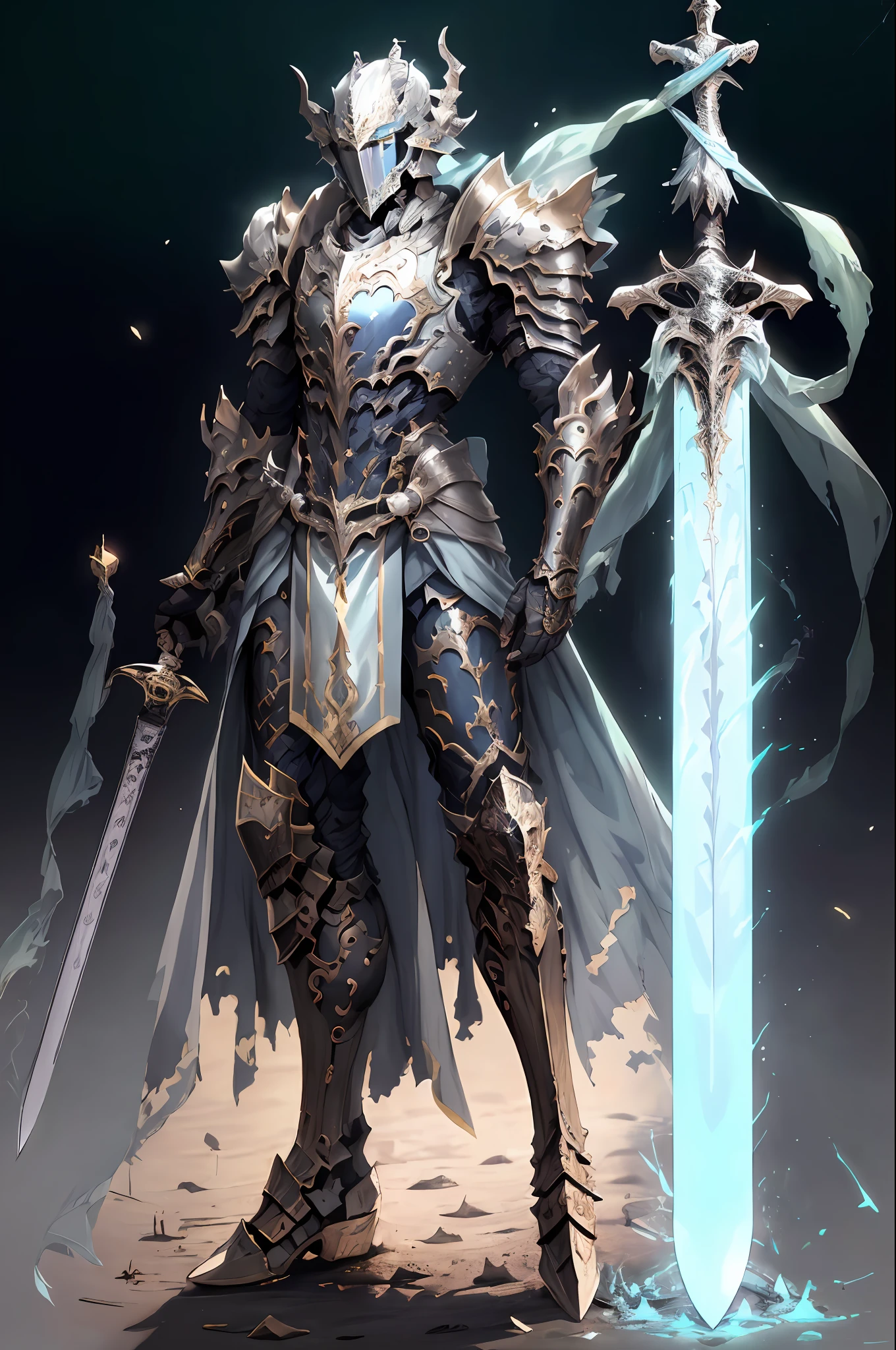 (masterpiece, top quality, best quality, official art, beautiful and aesthetic: 1.2), (8k, best quality, masterpiece: 1.2), CGDivineSwordsw, weapon, armor, soil, holding, horns, shiny, sword, 1boy, holding crosier, planted, male focus, shiny weapon, standing, helmet, gauntlets, holding sword, shiny sword, planted sword, shoulder armor, gradient, gradient background, greaves, pauldrons, (blue glow: 1.3),