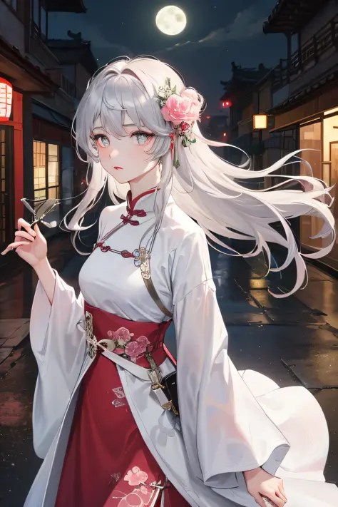 Masterpiece, Best quality, Night, Full moon, 1 girl, Mature woman, Chinese style, Ancient China, Sister, Royal sister, Cold expression, expressionless face, Silvery pink long-haired woman, Light pink lips, Calm, Intellectual, Three belts, Gray pupils, Assa...
