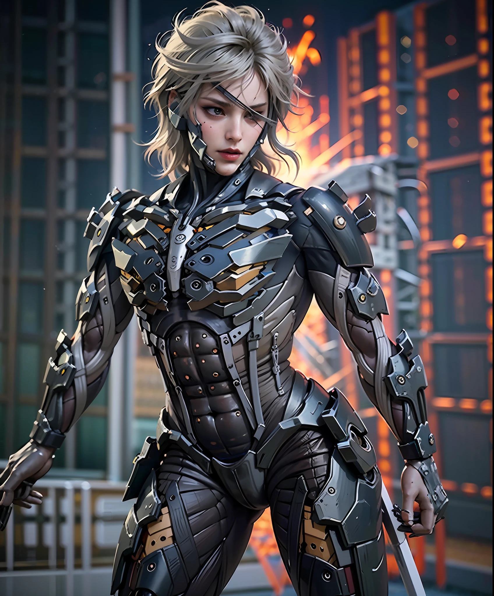 masterpiece, highest quality, photorealistic, scenery, stunning, photo (full body:0.7), of european woman running, motion blur, shiny, (raiden:1.1), (dynamic pose:1.3), (scifi, futuristic, hi-tech:1.1), cyberpunk, spike on shoulder and arms, (night:1.2), wearing high tech half face-viser, (bullets), fire sparkling, red long hair, red inferno colour,black accent, holographic screens, high detailed RAW, 8k UHD, looking to the side, focused expression anittech, holding katana, posting sword drawing action