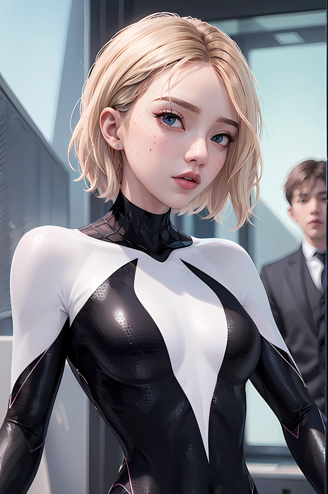 A close up of a woman in a black and white suit - SeaArt AI