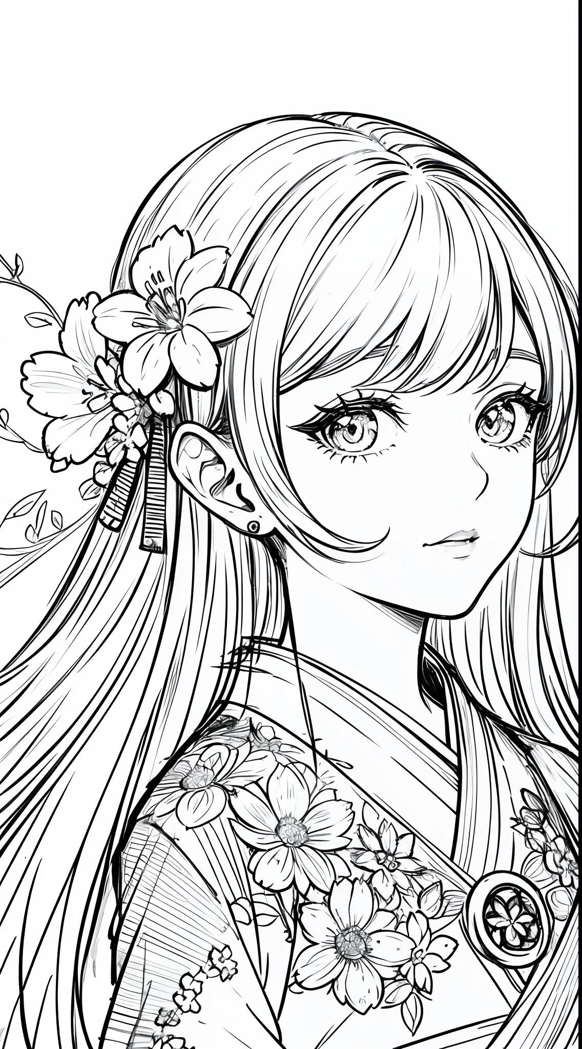 masterpiece, acura, doll, solo, hanfu, long hair,close-up, flower line drawing background, white background, monochrome, line drawing, ((sketch))