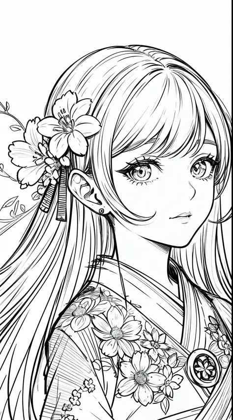 masterpiece, acura, doll, solo, hanfu, long hair,close-up, flower line drawing background, white background, monochrome, line dr...