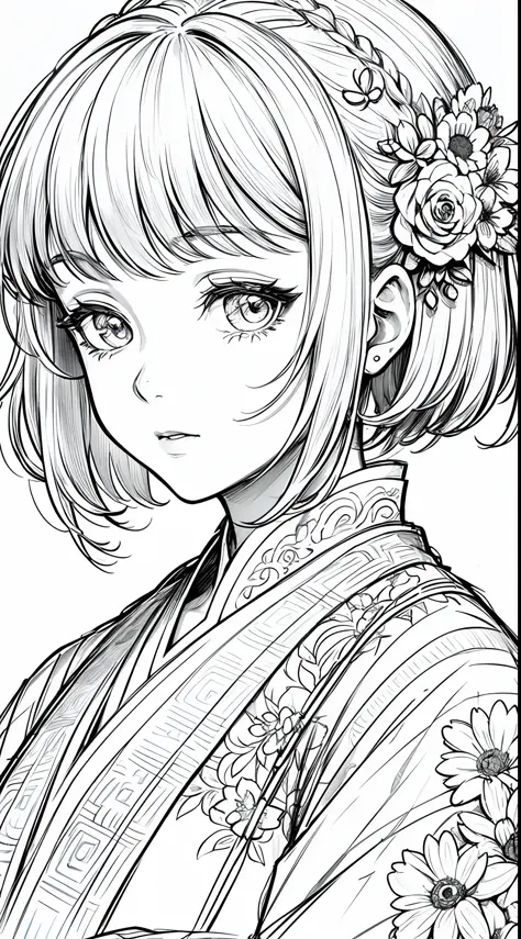masterpiece, acura, doll, solo, hanfu, short hair,close-up, flower line drawing background, white background, monochrome, line d...