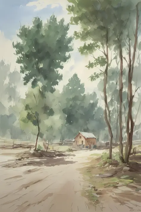 Watercolor painting, small path of Chinese rural houses, trees, bright sun, shade,