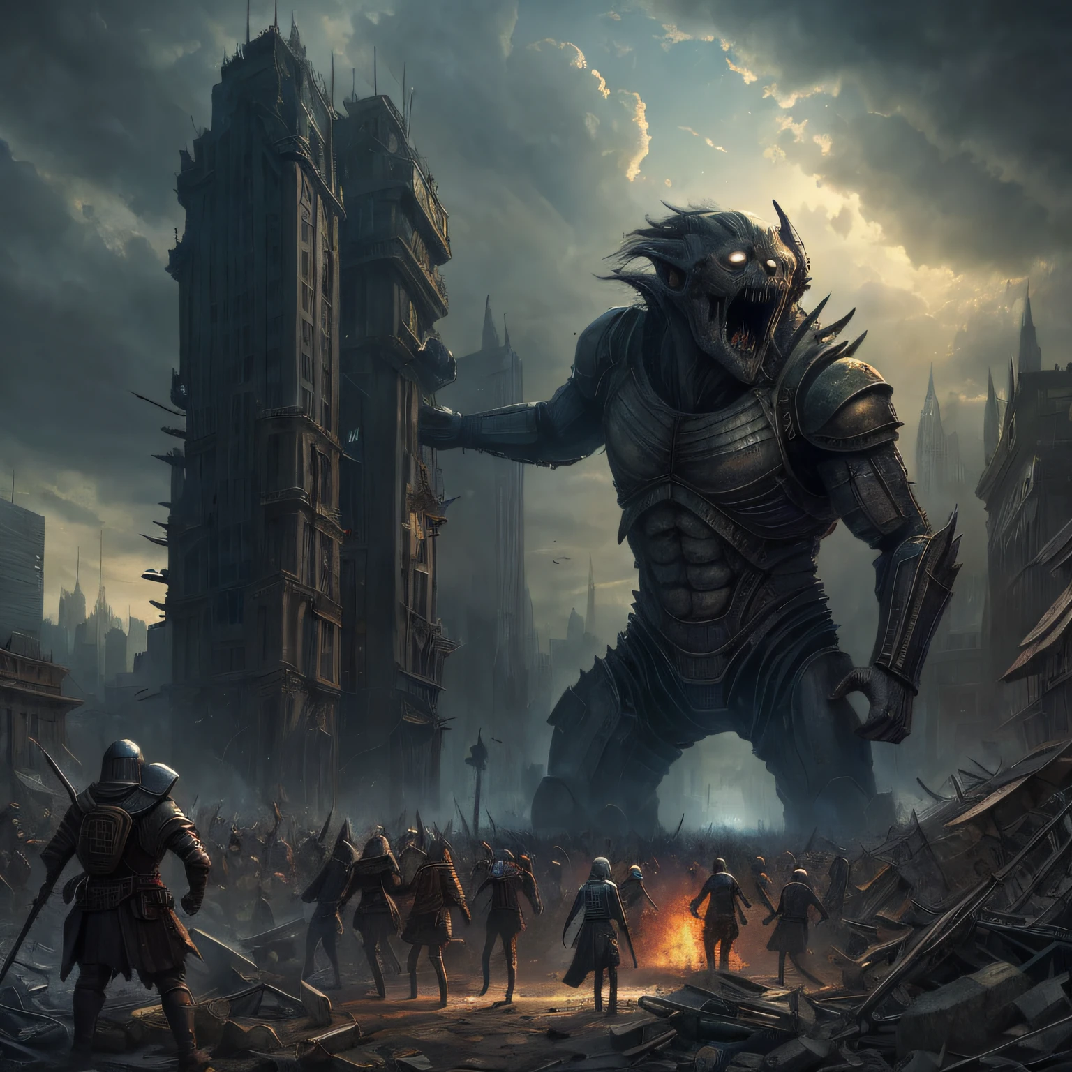 A huge titan destroying a medieval metropolis, big buildings, humanoid, bizarre, people fleeing, despair, chaos, crowds, high detail, expressionism, atmospheric perspective, masterpiece, super detail, medieval fantasy