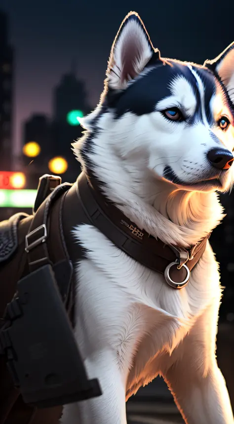 1Siberian HUSKY dog in armor, brave and with weapon, realistic 8k, in a night neon city, bright colors, bottom-up angle, cinematic