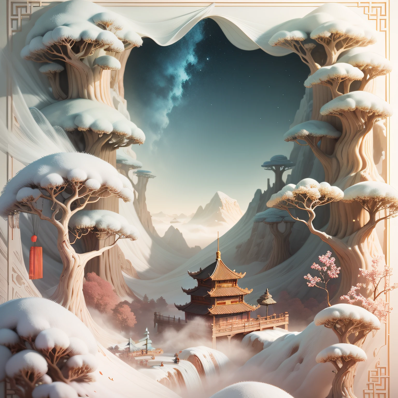 Relief 3D, méticuleusement sculpté, sculpture sur ivoire, Illustration chinoise sur fond blanc, pastel, style chinois traditionnel, Peinture de paysage oriental, Embarcation multidimensionnelle de brouillard en papier, illustration de papier, vue super grand angle, rêveur, 8k, Romantique, haute résolution, 8k