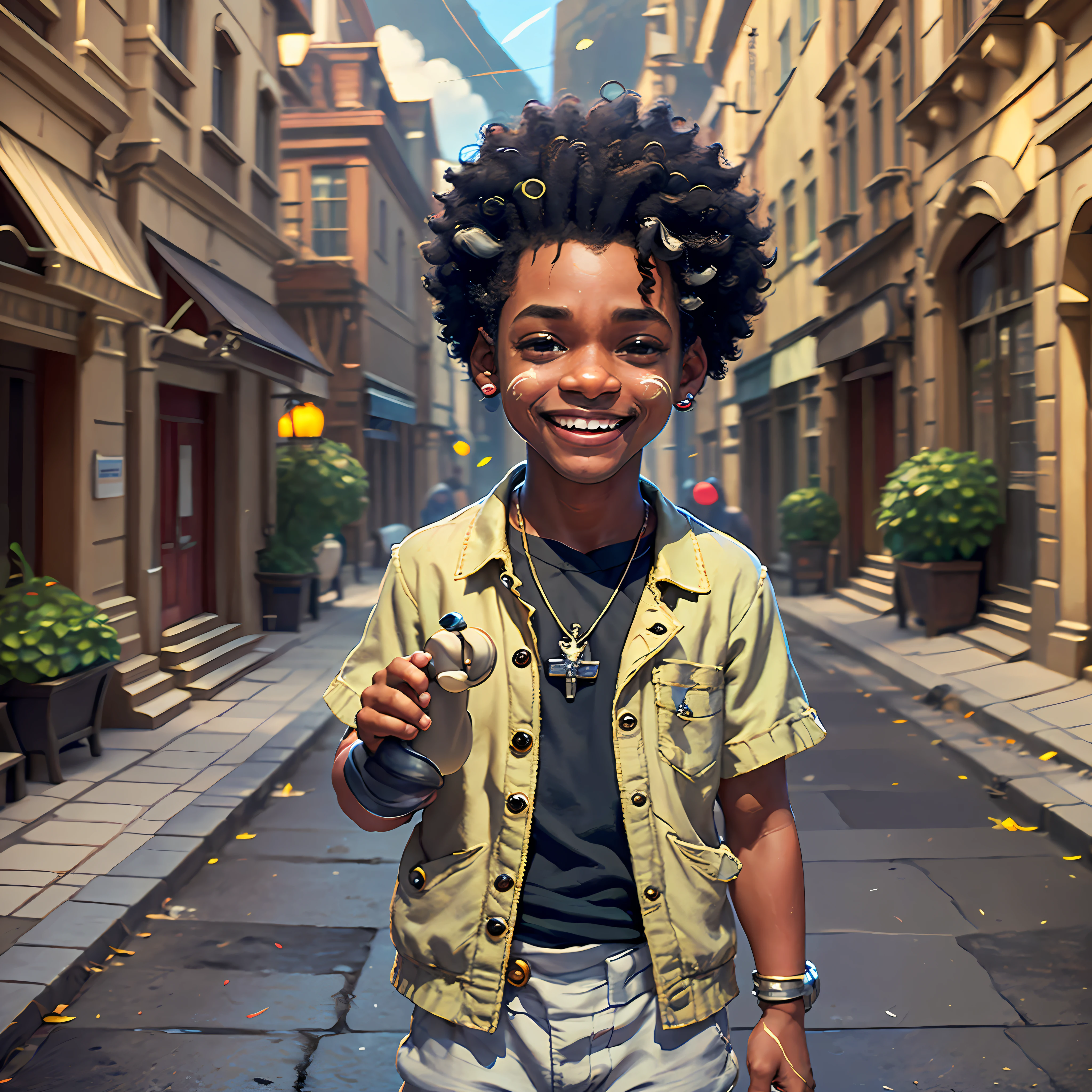 Personnage de dessin animé 3D tenant un petit parapluie, dans une rue de la ville, enfant Will Smith, (affections faciales détaillées)((((Bébé))), art du cinéma, Tir net, Ghaïen!, Comme un personnage de Pixar, beau jeune homme, Afro, grâce et bénédiction, (((Sourire mignon))), rendu irréel, image promotionnelle du film, image rendue --auto --s2