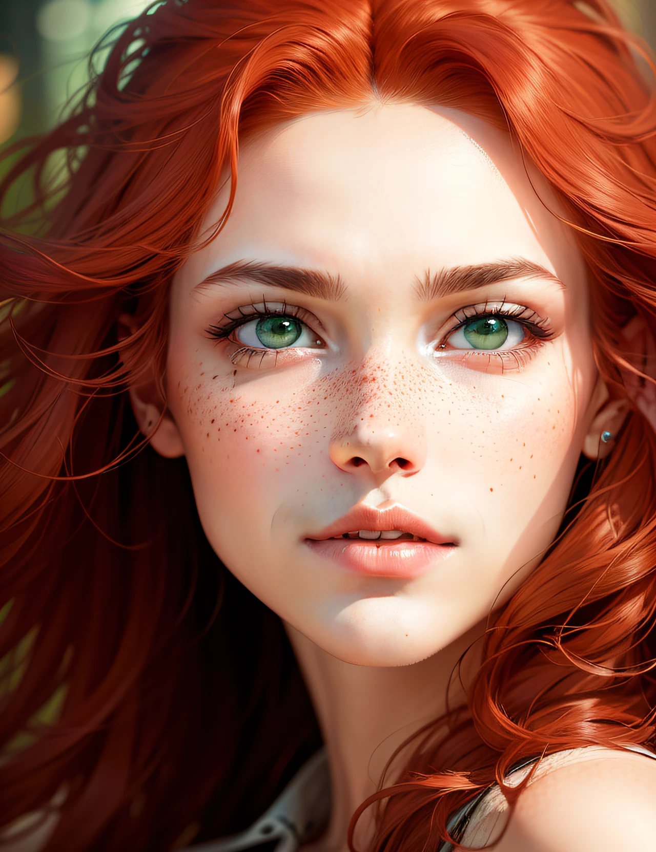 "High-quality and extremely detailed digital art, depicting a red-haired character with long, wild hair. Her skin is white, with a slight pinkish tint that enhances her natural beauty. His face is delicate, with very well detailed green eyes that reflect a striking expression. The mouth is outlined to perfection, displaying a reddish tint that adds charm. Soft freckles are delicately spread across the skin, giving it a lovely touch. The character has a sculpted and lean body, with large and firm breasts, which are highlighted with pink She is wearing an elegant white dress with an attractive neckline that exposes her freckles on the bust. Its legs are long and elegant, complemented by high-heeled shoes. The setting is urban, with a mix of residential and commercial buildings, filled with bright lights and vibrant advertisements. The digital art is extremely detailed and realistic, capturing every aspect of the concept with exceptional accuracy and image quality." --auto