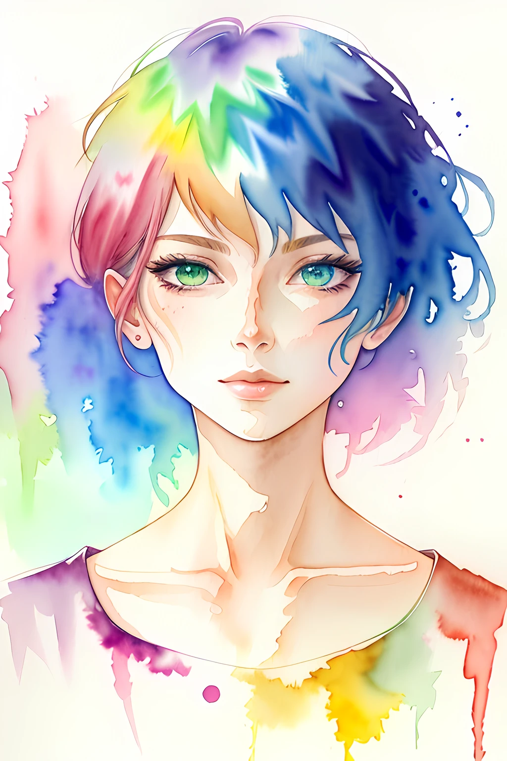 painting of a woman with a colorful hair and green eyes, stunning anime face portrait, anime style portrait, beautiful anime portrait, beautiful anime art style, watercolor artstyle, inspired by Yuumei, watercolored, anime style illustration, beautiful anime artwork, lgbt art, anime portrait, by Yuumei, colored manga art, colorful sketch, beautiful anime style