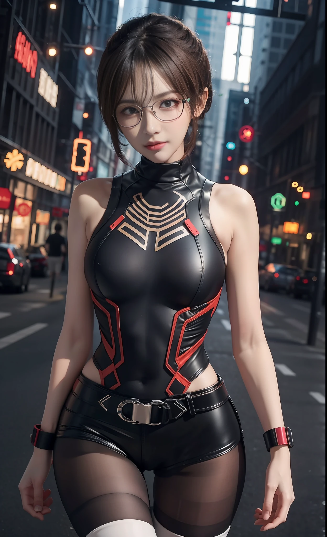 Top quality, delicate face, 20-year-old kpop idol girl, red cyborg body, (medium chest: 1.5), skeleton of metal structure, mechanical joints, bangs, (Pafia Leola), (1.2), cyberpunk, sci-fi, shorts. Neon Street. Headphone. Bodysuit. Glasses. Big .