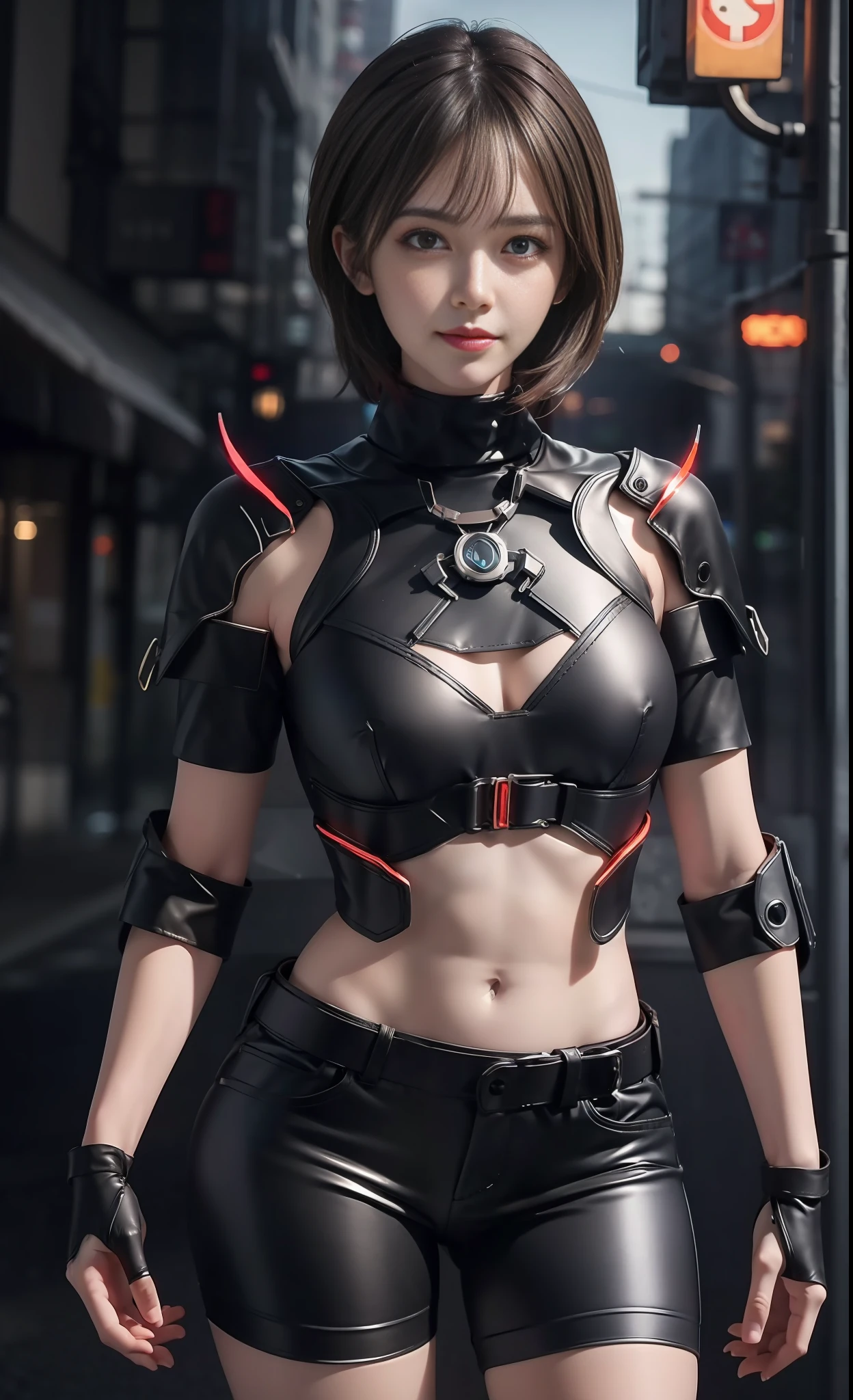Top quality, delicate face, 20-year-old kpop idol girl, red cyborg body, (medium chest: 1.5), skeleton of metal structure, mechanical joints, bangs, (Pafia Leola), (1.2), cyberpunk, sci-fi, shorts. Neon Street. Headphone. Bodysuit. Glasses. Thick, protruding blood vessels. Big . Blood lines that emerged. Raised lines.
