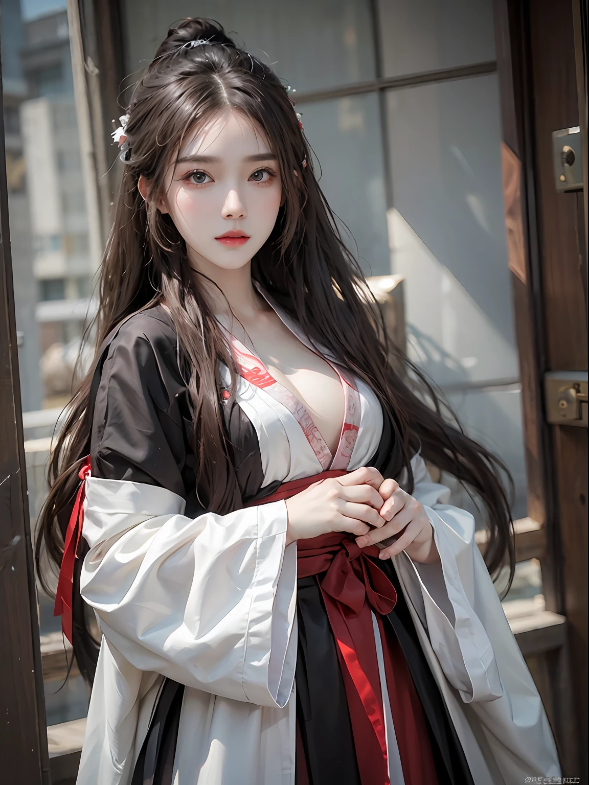 photorealistic, high resolution, 1 girl, white wavy hair, black eyes, chinese sence, hanfu, normal breast