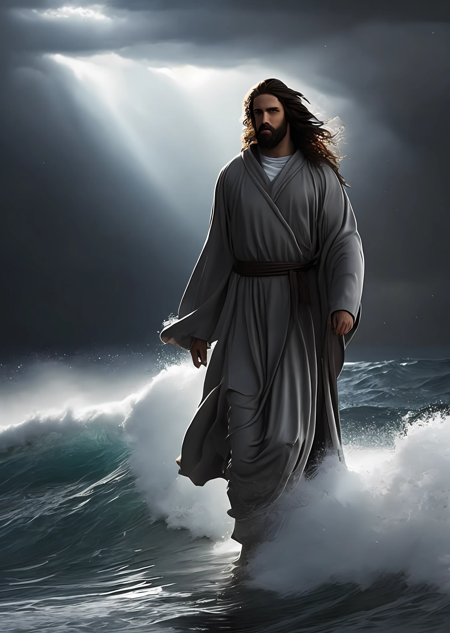 Jesus Christ walking on water in a storm, white robes, waves, soft expression, dark sky with lightning, lightning, photo realism, masterpiece, high quality, high quality, highly detailed CG unit 8k wallpaper, award-winning photos, bokeh, depth of field, HDR, bloom, chromatic aberration, realistic, very detailed, trend in CGsociety, complex, high detail, dramatic, volumetric lighting