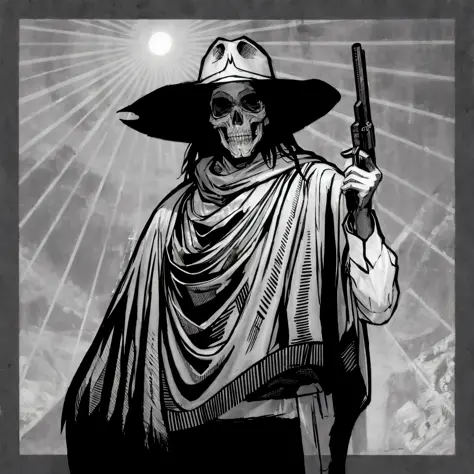 dark country album cover, with a skull-faced man in the moonlight holding an art-style pistol of engraving, monochrome, cool col...