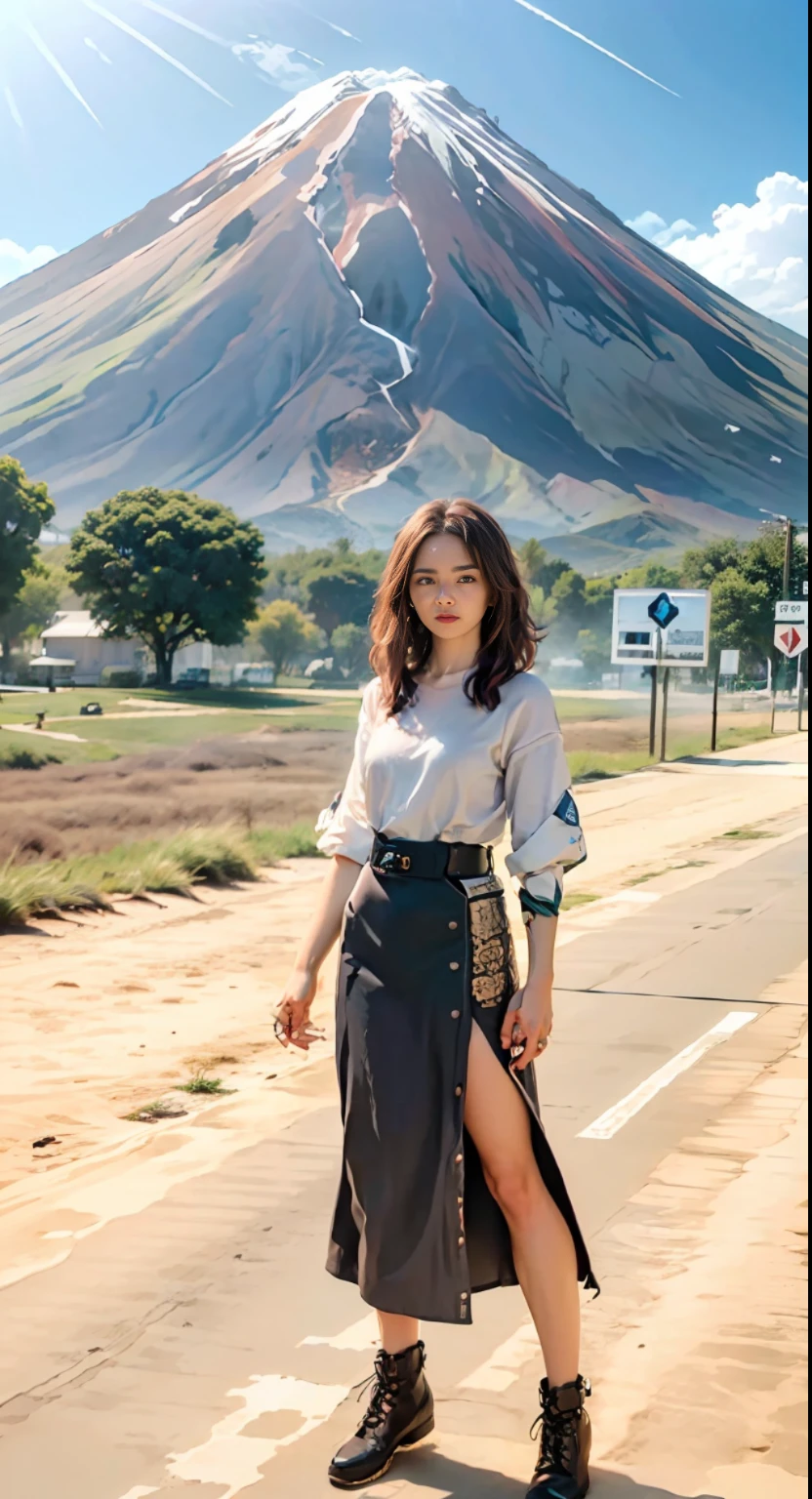 there is a man standing next to a sign that says the way to the top of a mountain, in background, with a volcano in the background, standing close to volcano, moutain in background, touring, background image, surreal!!!, volcanoes in the background, mountain, in volcano, wallpaper!, standing!!, snapchat photo, captured on iphone, photography, sharpness,f1.6 lens, rich color, hyperrealistic texture, spectacular light texture, surreal art, Cinestil 800 fashion mechanism, unified 8k wallpaper, ultra detail, beautiful and beautiful, beautiful, masterpiece, best quality, ultra fine photos, best quality, ultra high resolution, photorealistic realism, sunlight, full body portrait, detailed complex busy background, messy and gorgeous milky white, highly detailed skin, realistic skin details, visible pores, sharp focus, volumetric fog, 8k UHD, DSLR, high quality, film grain, fair skin, photorealism, lomography,