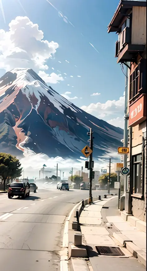 there is a man standing next to a sign that says the way to the top of a mountain, in background, with a volcano in the backgrou...
