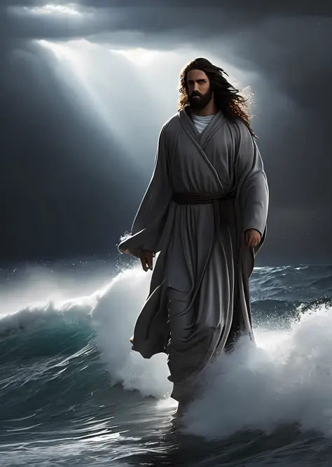 Jesus Christ walking on water in a storm, white robes, waves, soft expression, dark sky with lightning, lightning, photo realism...