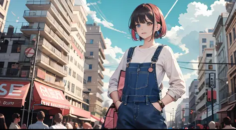 1girl, dreamy world,air bubbles, 
(cowboy shot), (masterpiece), (best quality:1.0), (ultra highres:1.0), highly detailed face and eyes, BREAK Fremy, embarrased, heterochromia, pink eye, hands in pockets wearing denim overalls, only overalls, under overalls...
