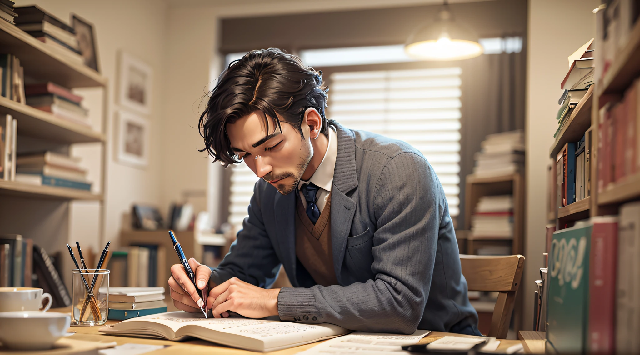 a man writing in his notebook and researching information