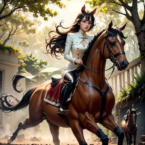 In a sunny clearing, a dazzling-looking woman is astride a majestic horse. She wears an elegant riding suit, perfectly fitted to her slender and athletic body. Her long, silky hair falls elegantly over her shoulders, dancing softly in the wind.

The woman ...