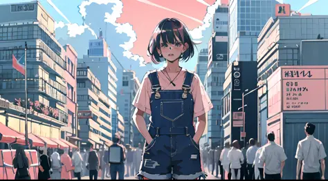 1girl, dreamy world,air bubbles, 
(cowboy shot), (masterpiece), (best quality:1.0), (ultra highres:1.0), highly detailed face and eyes, BREAK Fremy, embarrased, heterochromia, pink eye, hands in pockets wearing denim overalls, only overalls, under overalls...