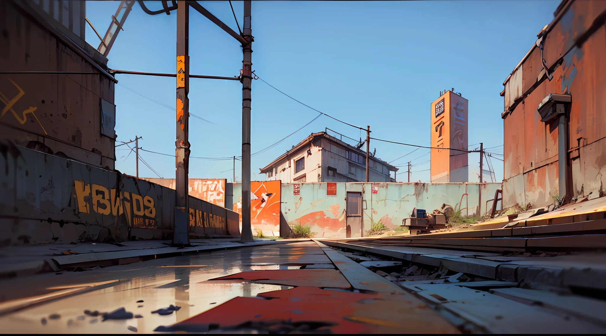 (scenery, outdoor, sky:1.2), masterpiece, best quality, beautiful face, 8k, absurdres, (rusty metal signs:1.2), concrete wall, cables, pole, guardrails, wall paint, graffiti, from below, perspective, depth of field, HDR, (bleach bypass, ginnokoshi:0.8), cinematic lighting, professional lighting, very dark landscape shadows, high contrast, sharp focus, highres, photography, hyperrealistic, ultra detailed, sharp details, finely detail
