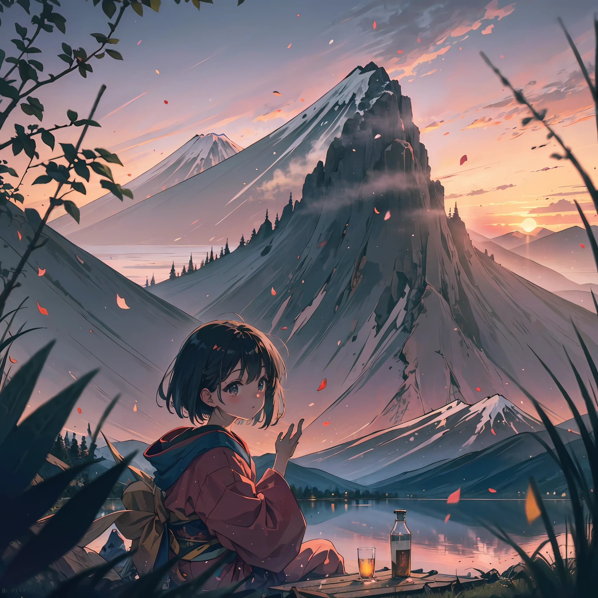 best quality, masterpiece, extremely detailed, detailed background, anime, 1girl, young girl, short girl, hands down, kimono, retro, mount fuji lansdscape, outdoors, sunset, beautiful sky, lake picnic, landscape, scenery, horizon, mountain sitting near mountain, wind, flower petal, looking away, atmospheric lighting, solo focus, close up, from side, depth of field, bokeh --auto
