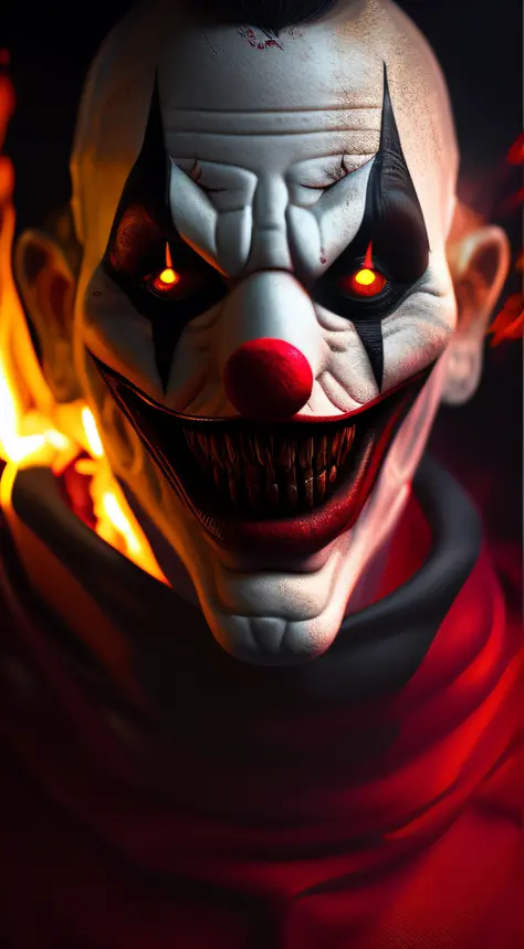 creepy photo of a clown in the middle surrounded by zombies, scary atmosphere. dark night time photography style with flash and lights on at an old house fire is burning down everywhere all around them cinematic lighting 8k hyper realistic detailed masterp...