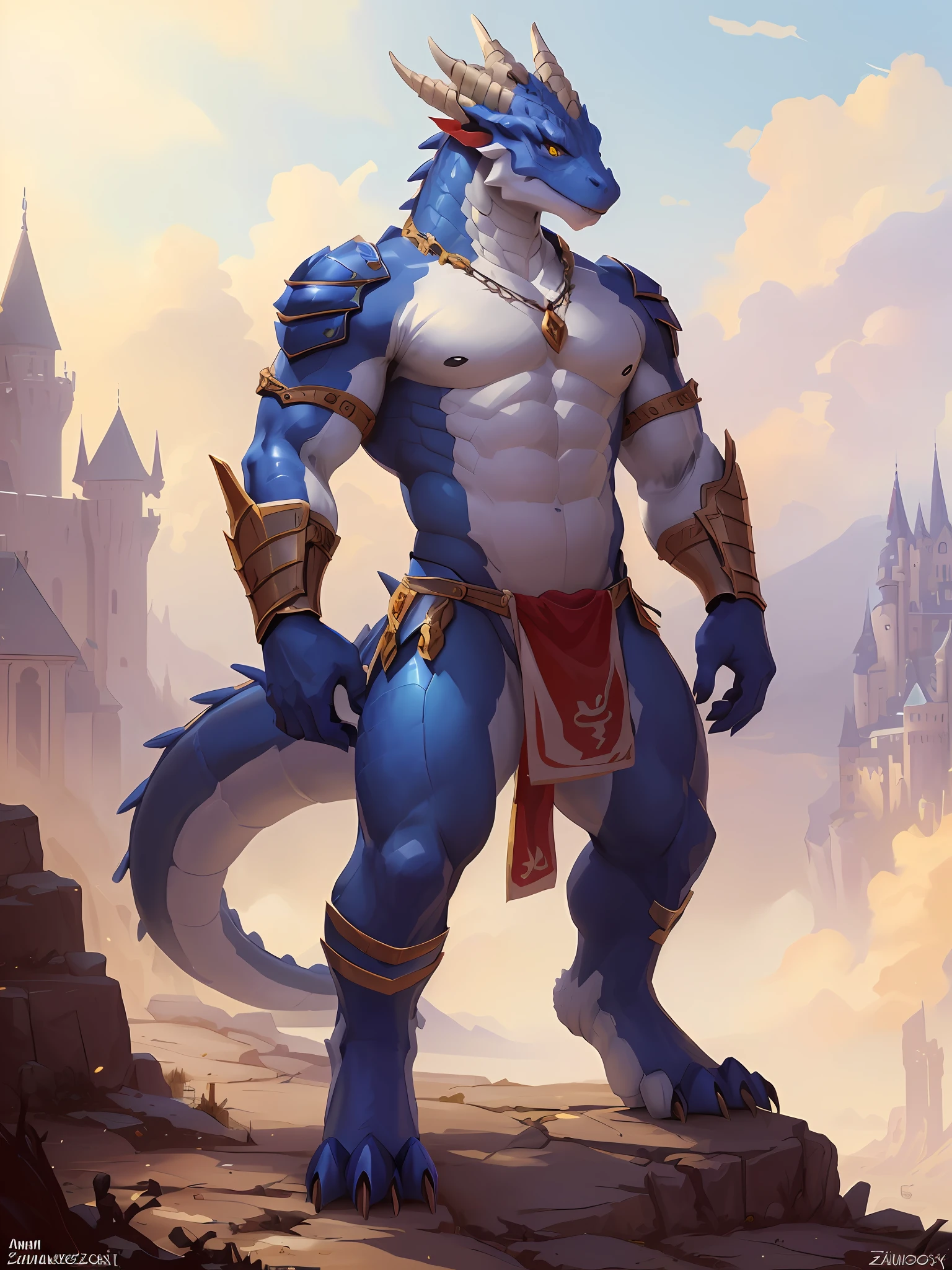 a close up of a cartoon character of a dragon with a castle in the background, anthro dragon art, male robotic anthro dragon, lizardman art, young male anthro dragon, as an anthropomorphic dragon, dragon inspired blue armor, collectible card art, anthro lizard, sfw version, by Adam Marczyński