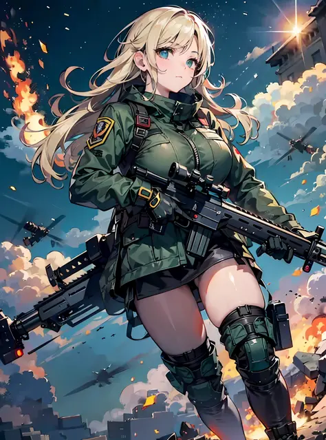 {{Masterpiece, top quality, highly detailed CG, 16K, movie lighting, lens flare}}, (1 girl soldier sniping a huge military robot with Lahti L-39 anti-tank gun), wide view, thick body, Photorealism: 1.4, long blonde hair, green eyes, have multiple weapons, ...